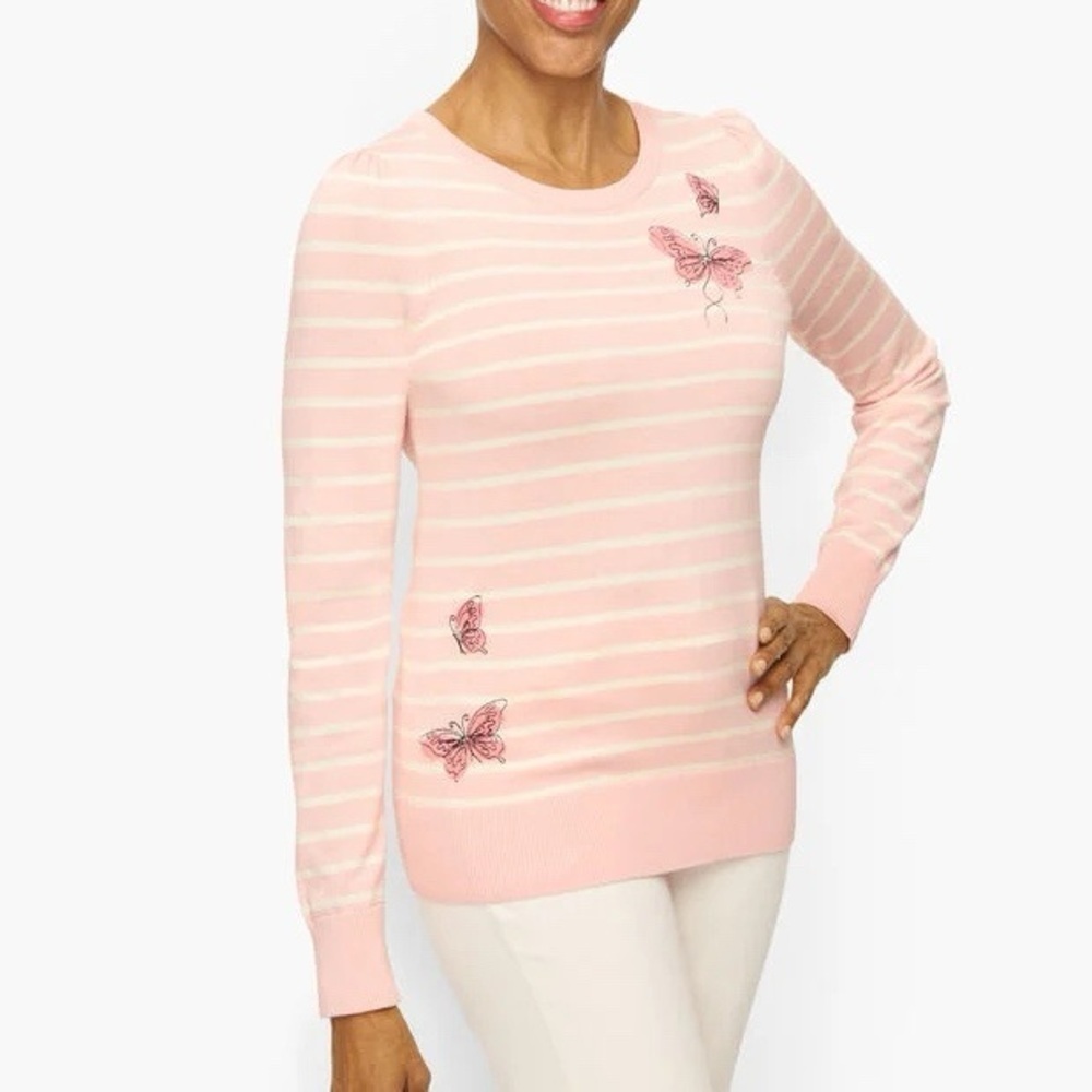 Talbots Crewneck Sweater XLP pink stripe embroidered butterfly XL petite top